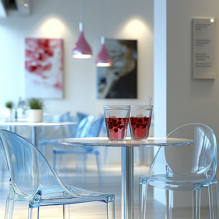Affordable commercial furrniture such as acrylic tables and chairs in a fresh-looking dessert shop.