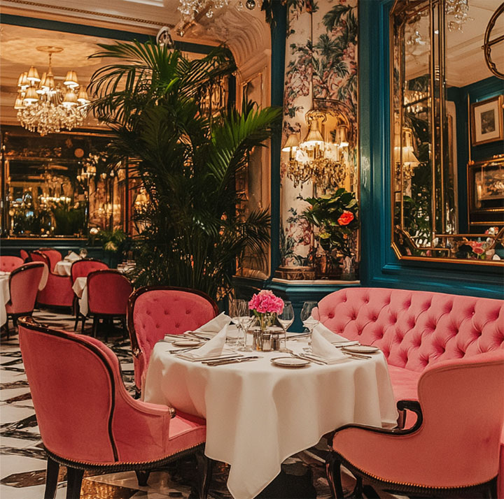 Charming set of chairs and couch in an elegant restaurant.