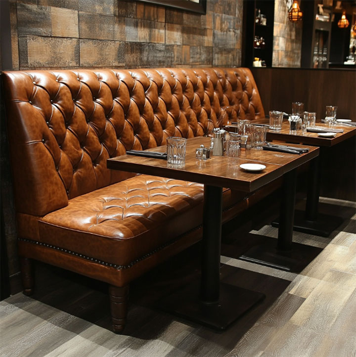 Luxurious upholstered couch with a tufted design in informal restaurant.