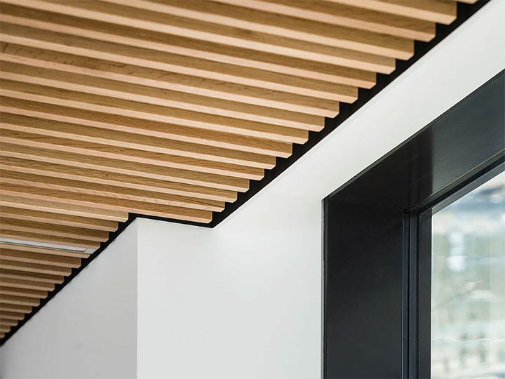 Wood-slat ceiling with natural vibes.