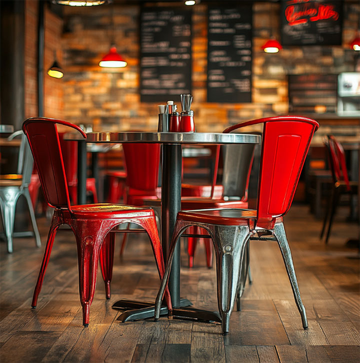 Affordable industrial-style chairs in hip restaurant interior.