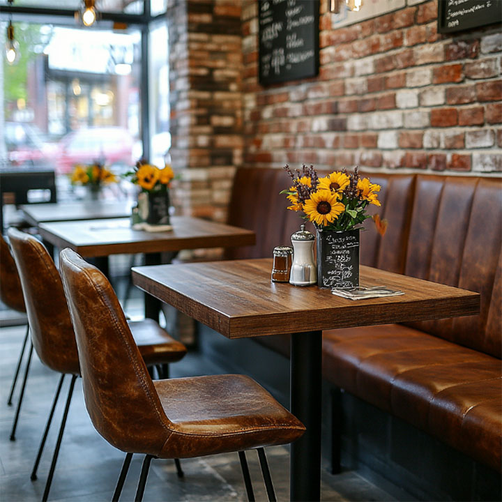 Leather couch and chairs against a brick wall in an informal restaurant.