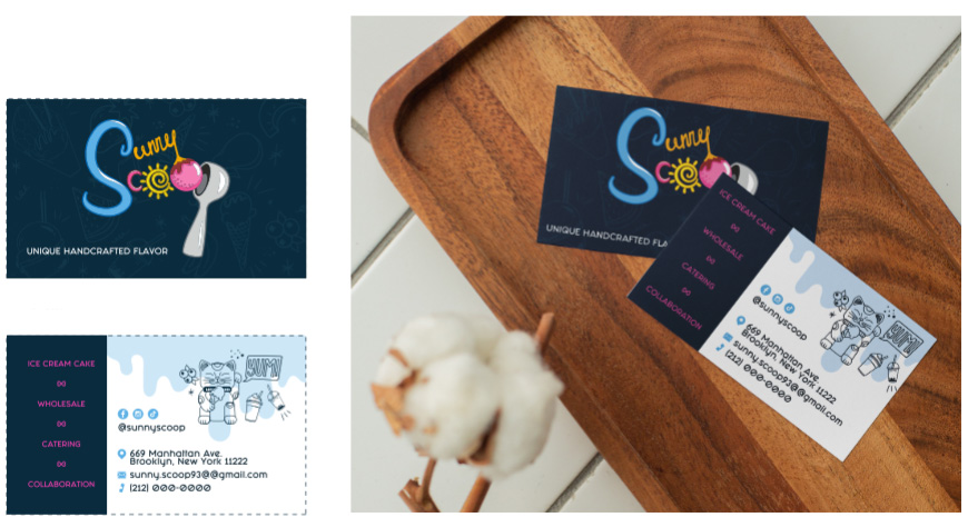 Business card front and back for ice-cream store.