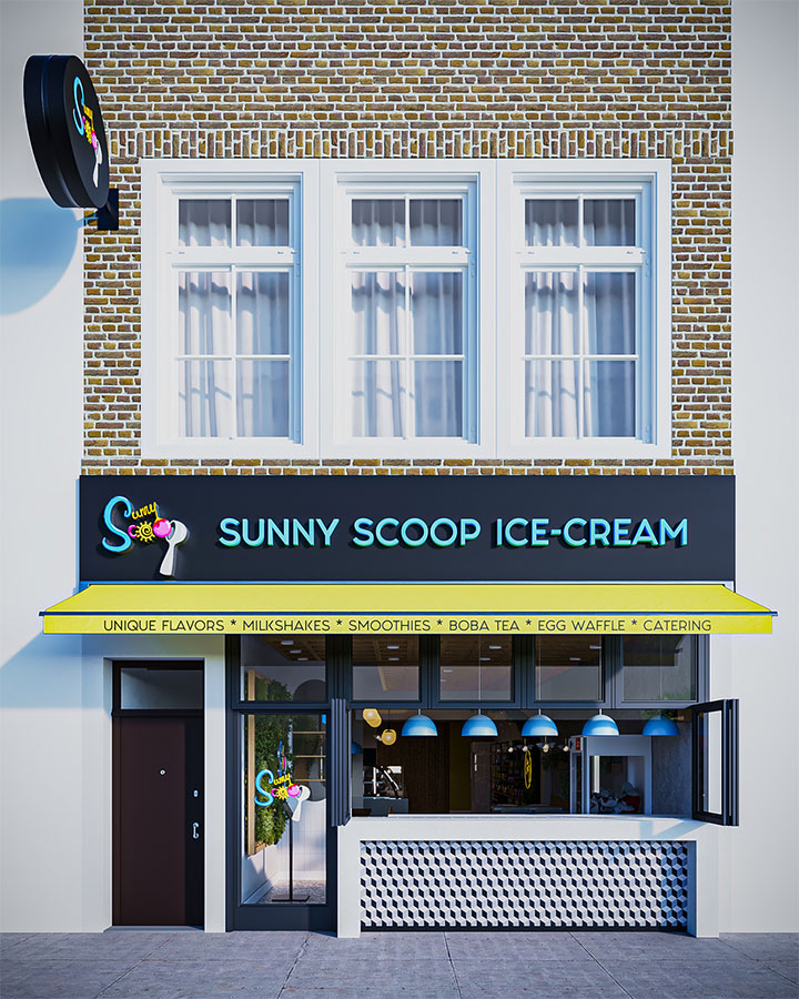 Ice-cream store entrance with signage.