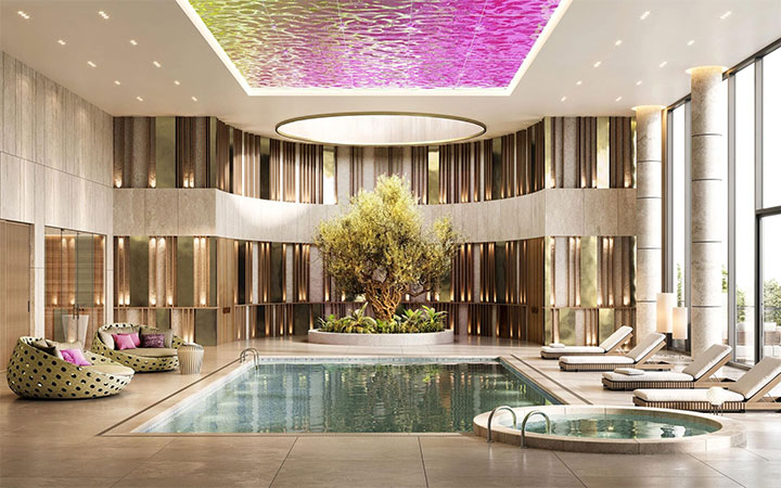 Pink reflective and textured panel sheets used in decorative ways in hotel design.