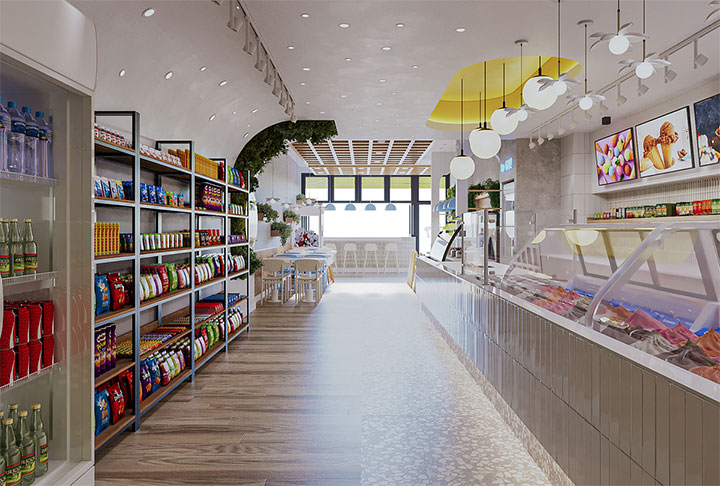 Product display area and comfortable traffic flow in ice-cream shop.