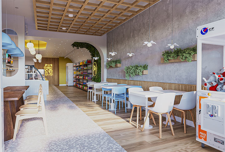 Asian-inspired dessert store design with green accents and faux-plant wall.