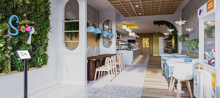 Wooden furniture and accents in ice-cream store design.