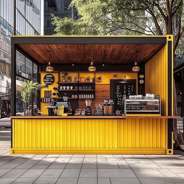 Yellow coffee shop made from a metal storage unit.