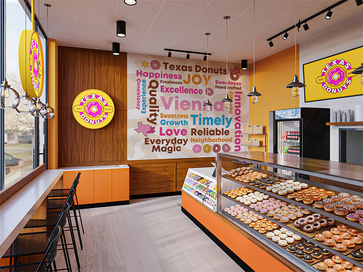 Donut shop bold look with large wall graphics.