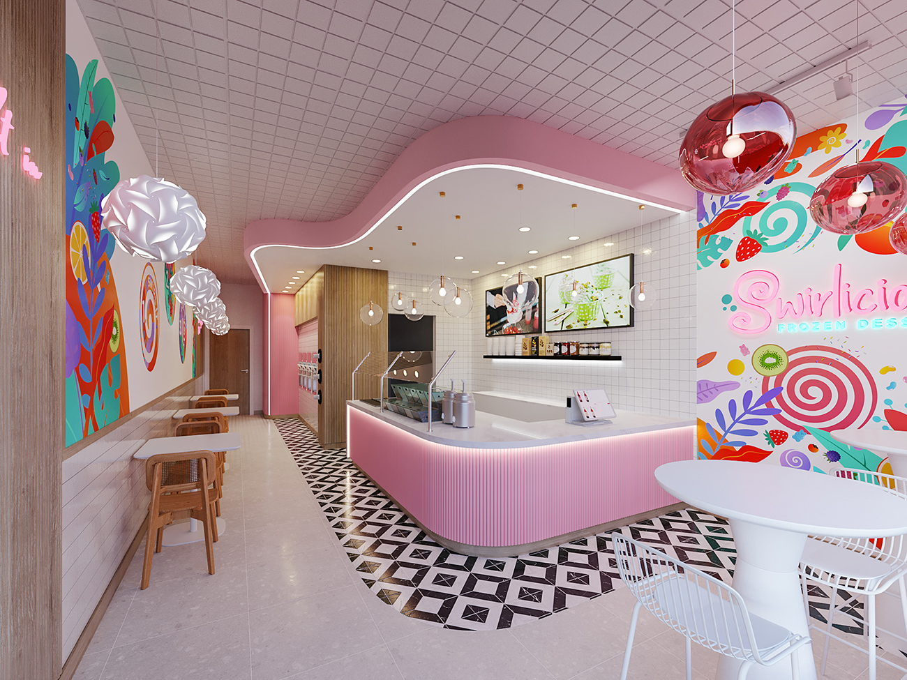 Swirlicious Frozen Yogurt branding and interior design