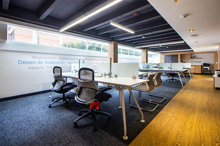 Minimalistic office design with solid-colored rug.