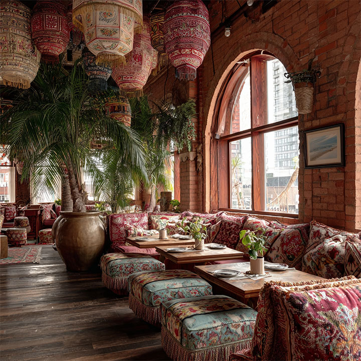 Bohemian restaurant design in pastel colors.