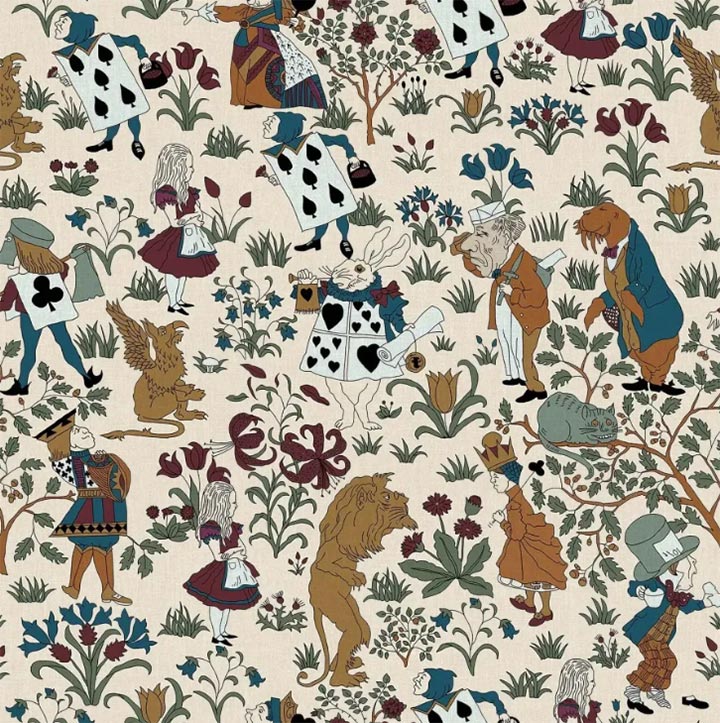 Wallpaper with Alice in Wonderland patterns.