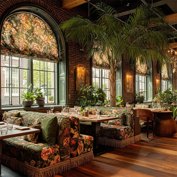 Eclectic furniture and in green-toned boho restaurant.