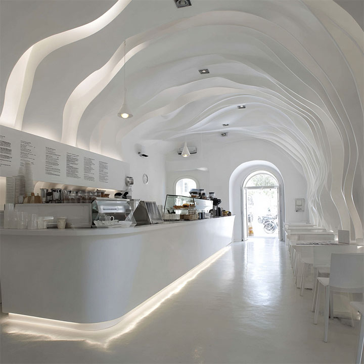 Modern lighting design in futuristic dessert shop.