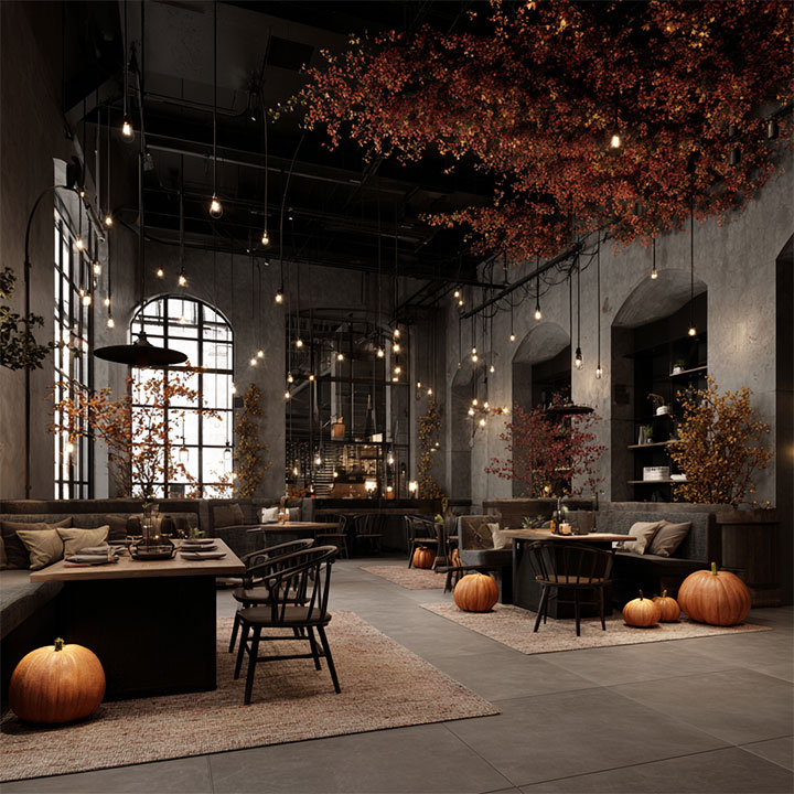 Ceiling fall decor in a sophisticated restaurant.