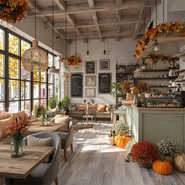Fall decor in rustic restaurant.