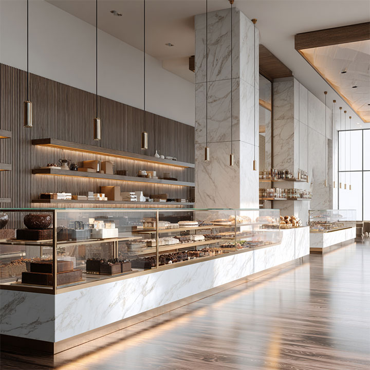 Elegant dessert store with appetizing product display.