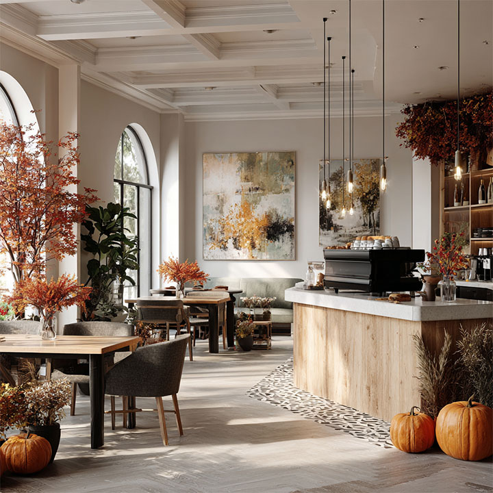 Elegant fall decor with tall flower stems and modern wall decor.