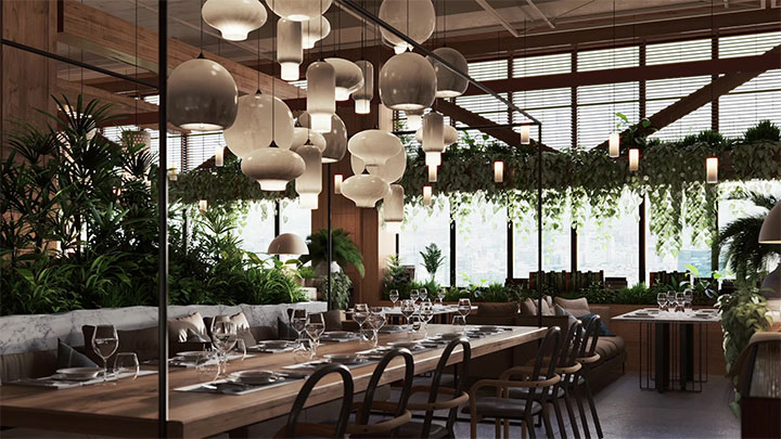 Abundant light pendants over the tables of a casual restaurant.