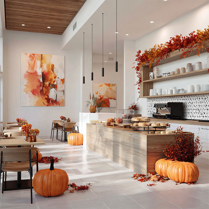 Dry-leaf autumn decor in modern dessert shop.