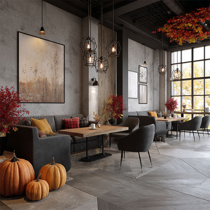 Pumpkin-themed restaurant decor.