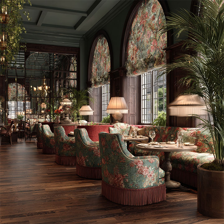 Patterned window treatments in bohemian restaurant.