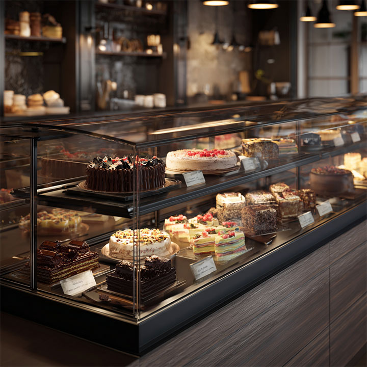 Warm lighting over patisserie products in a dessert store.