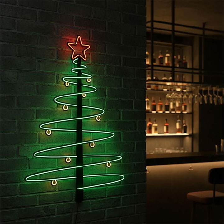 LED Chrismas tree on the wall of a bar.