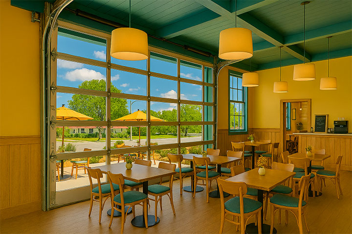 Cafe exterior seen from the inside.