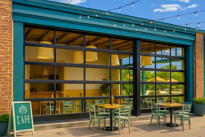 Cafe exterior with roll-up doors.