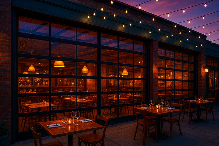 Restaurant exterior with glass doors and decorative lights.