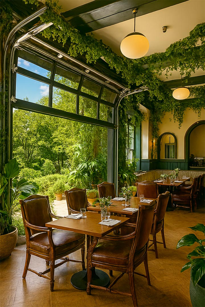 Luxurious restaurant with commercail glass garage doors opened to the garden.
