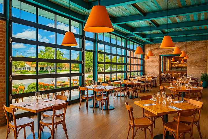 Beautiful restaurant with commercial glass garage doors.