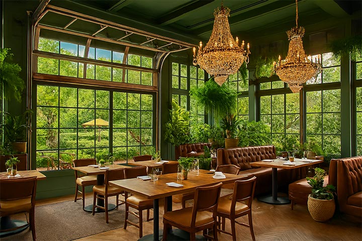 Elegant restaurant with commercial glass garage doors and luscious greenery.