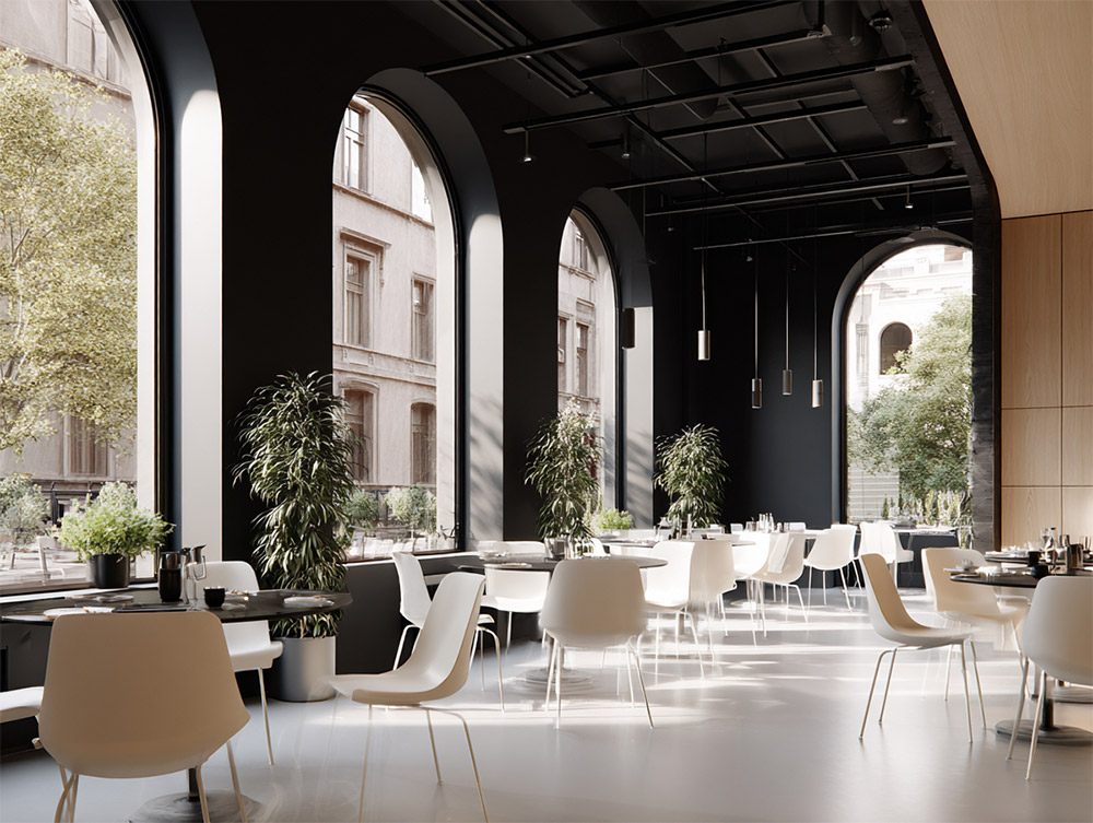 Restaurant design in off-white and black.