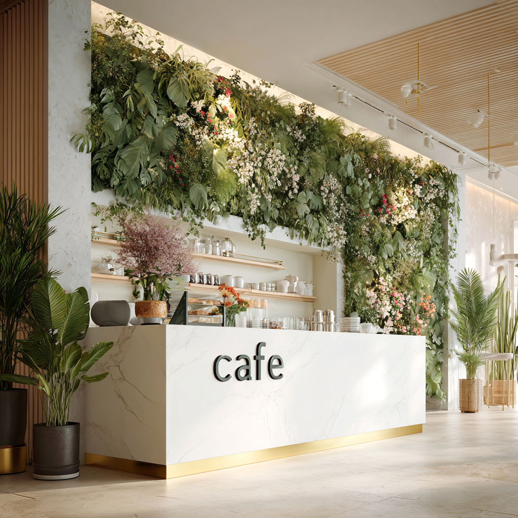 Using the Pantone Color of the Year 2026 in cafe design for a serene look.