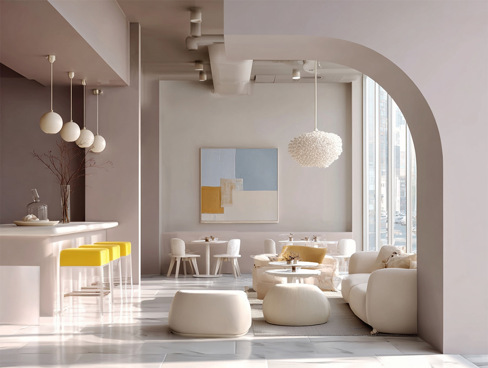 Cafe interiotr combining the Pantone Color of the Year 2026 with minimal bursts of different colors.