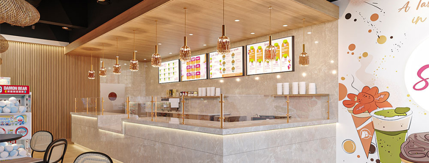 Counter for live crepe prep as part of a Japanese dessert store design.
