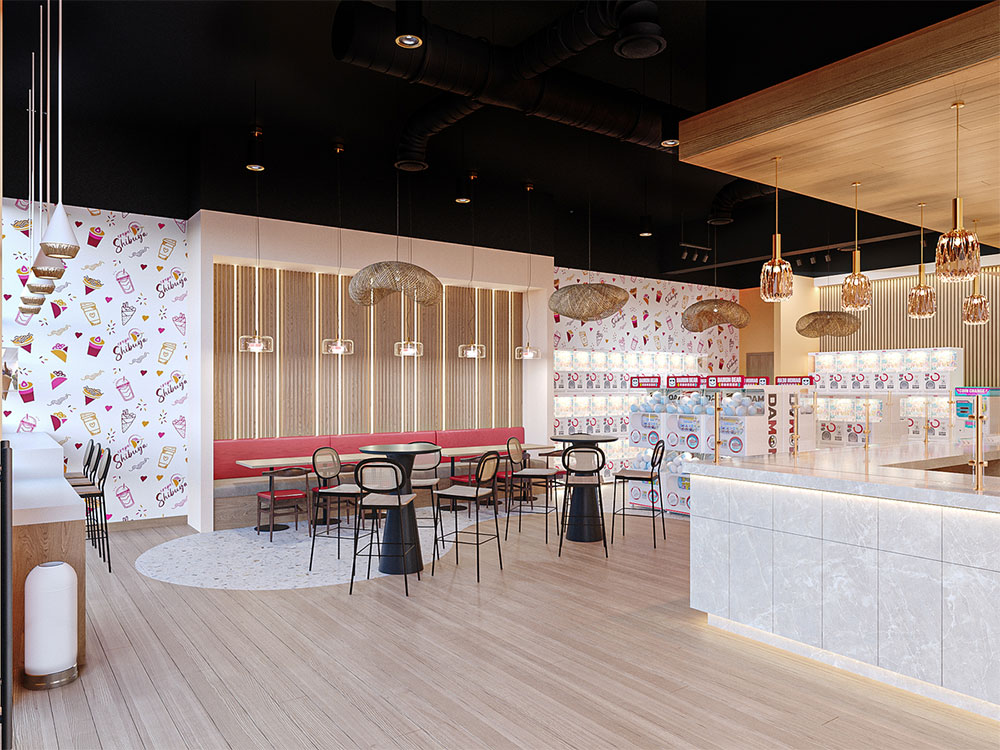 Japanese dessert store design with natural materials and color palette.