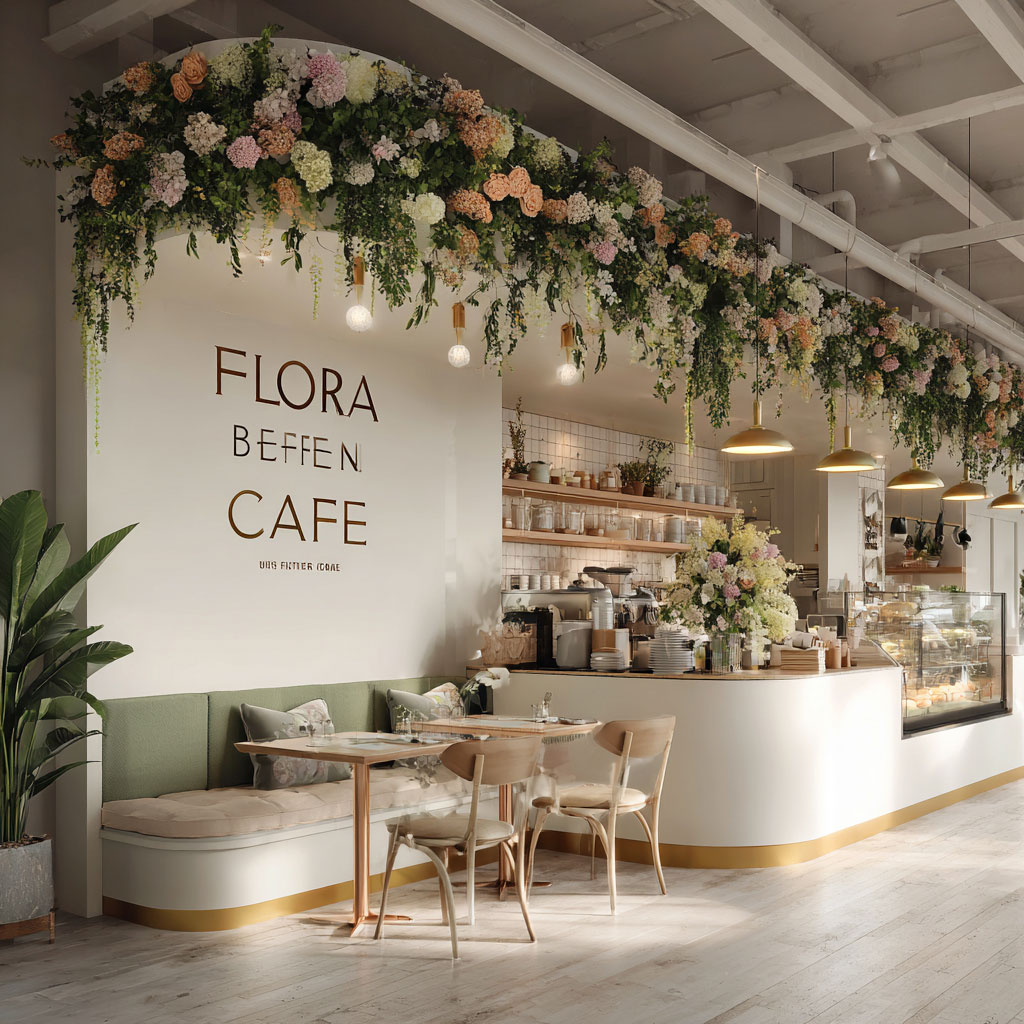 Charming cafe interior with lush flowers against an off-white background that uses the Pantone Color of the Year 2026.
