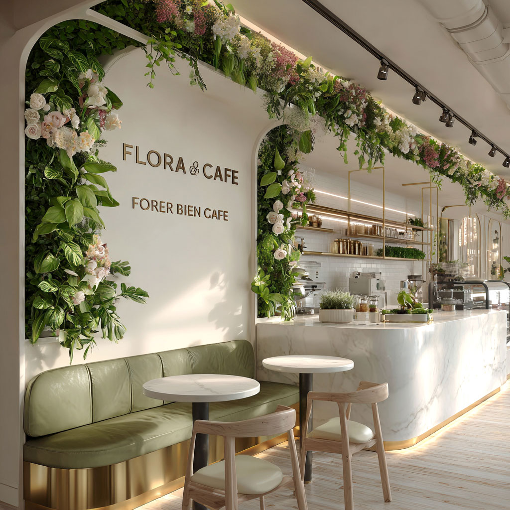 Metallic accents in a quaint cafe interior.