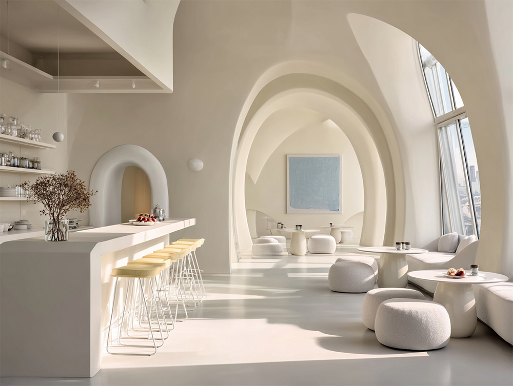 Using a surprise element in a monochromatic cafe.