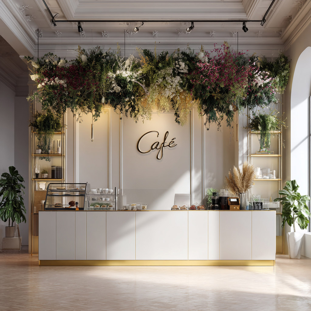 Cafe interior designed using the Pantone Color of the Year 2026 paired with lush greenery.