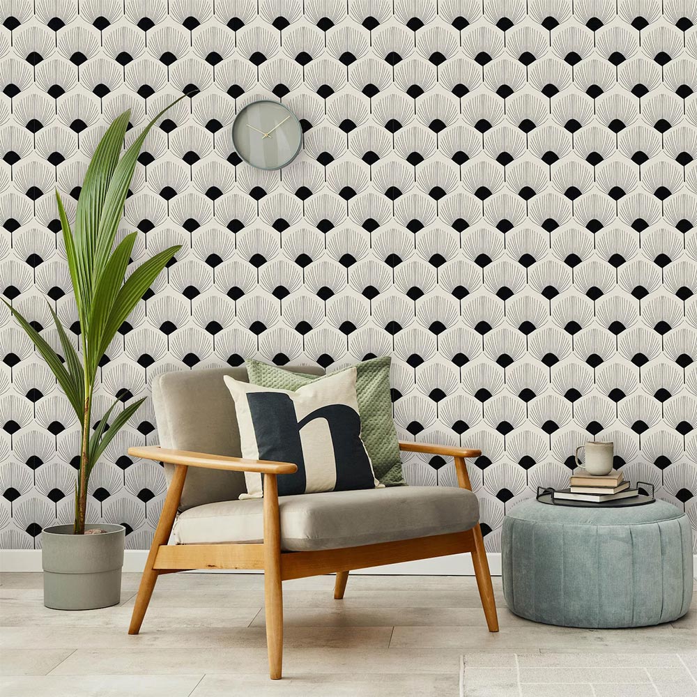 Patterned off-white wallpaper.