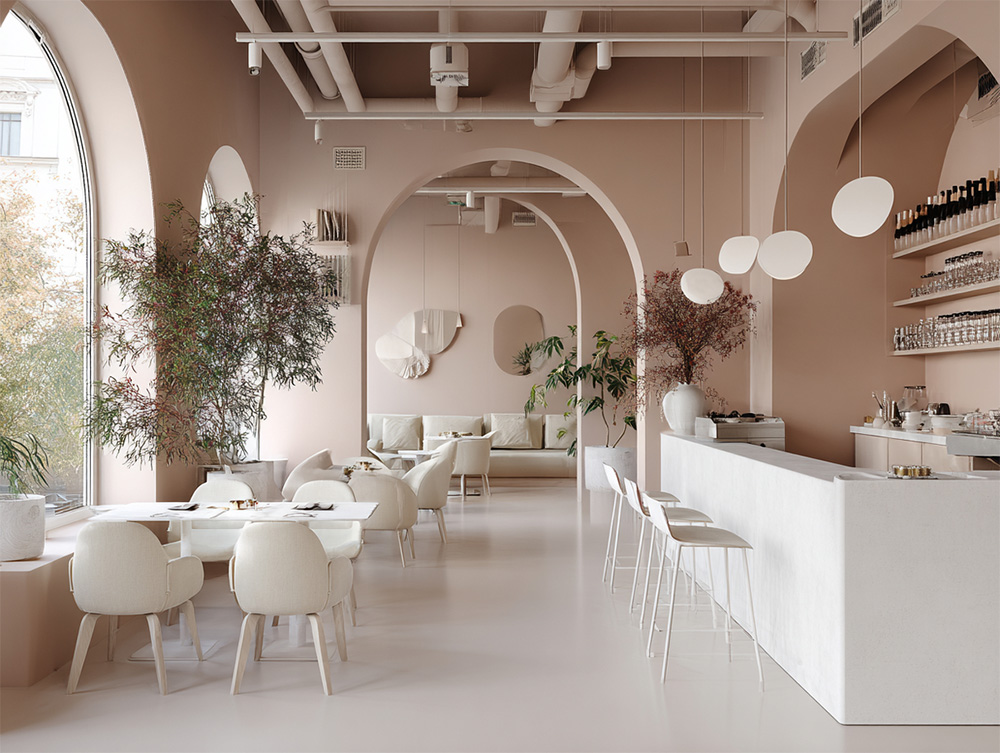Restaurant design in off-white and beige.