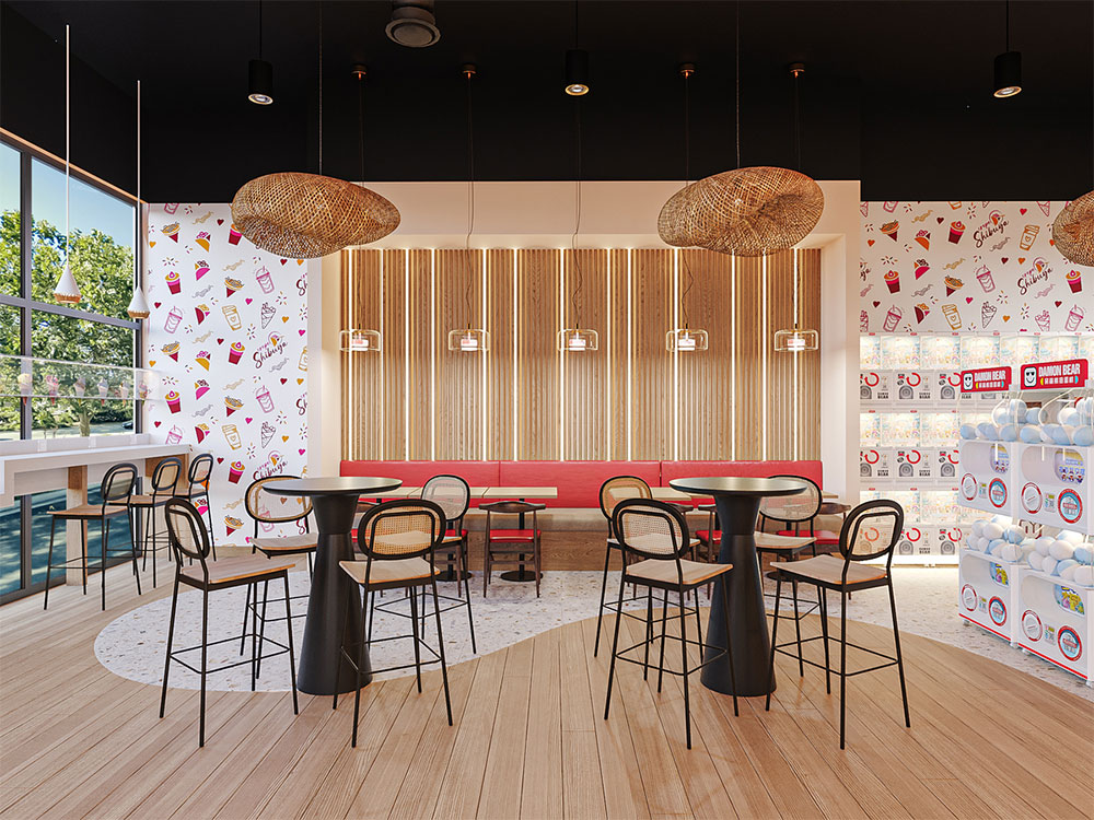 Japanese dessert store design with cozy seating nook and upholstered bench. 