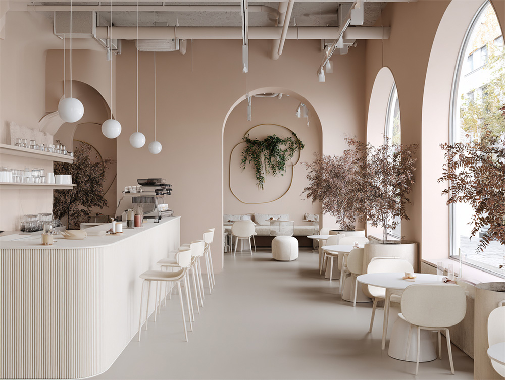 Elegant restaurant interior with off-white and powdery pink elements.