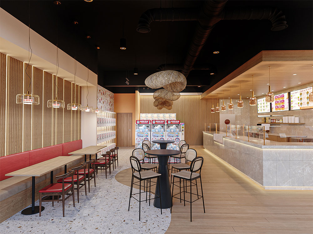Curved floor pattern for a Japanese dessert store design.
